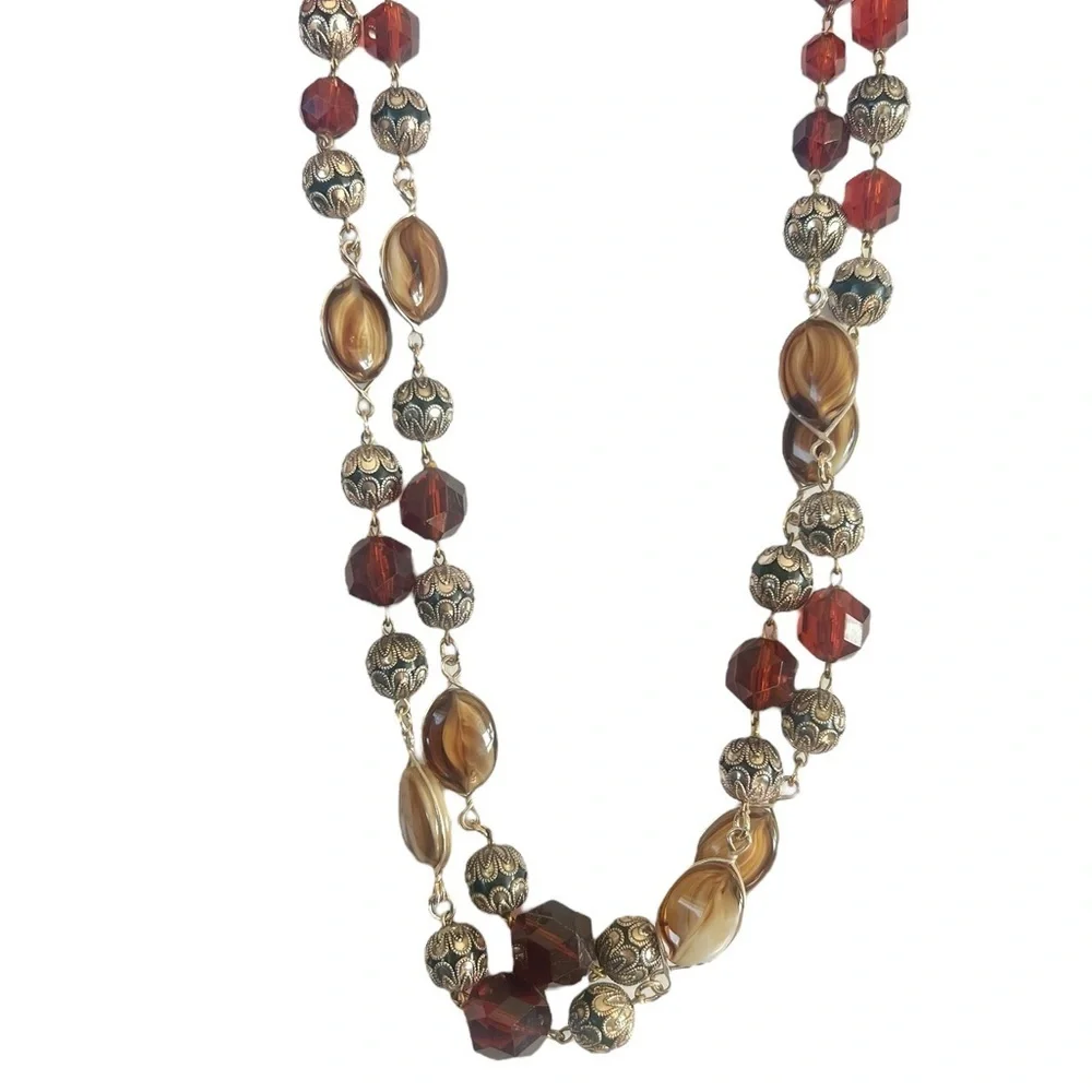 Vintage Double Strand Beaded Adjustable Boho Neurtal Necklace